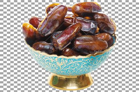 تصویر با کیفیت خرما در ظرف فیروزه ای